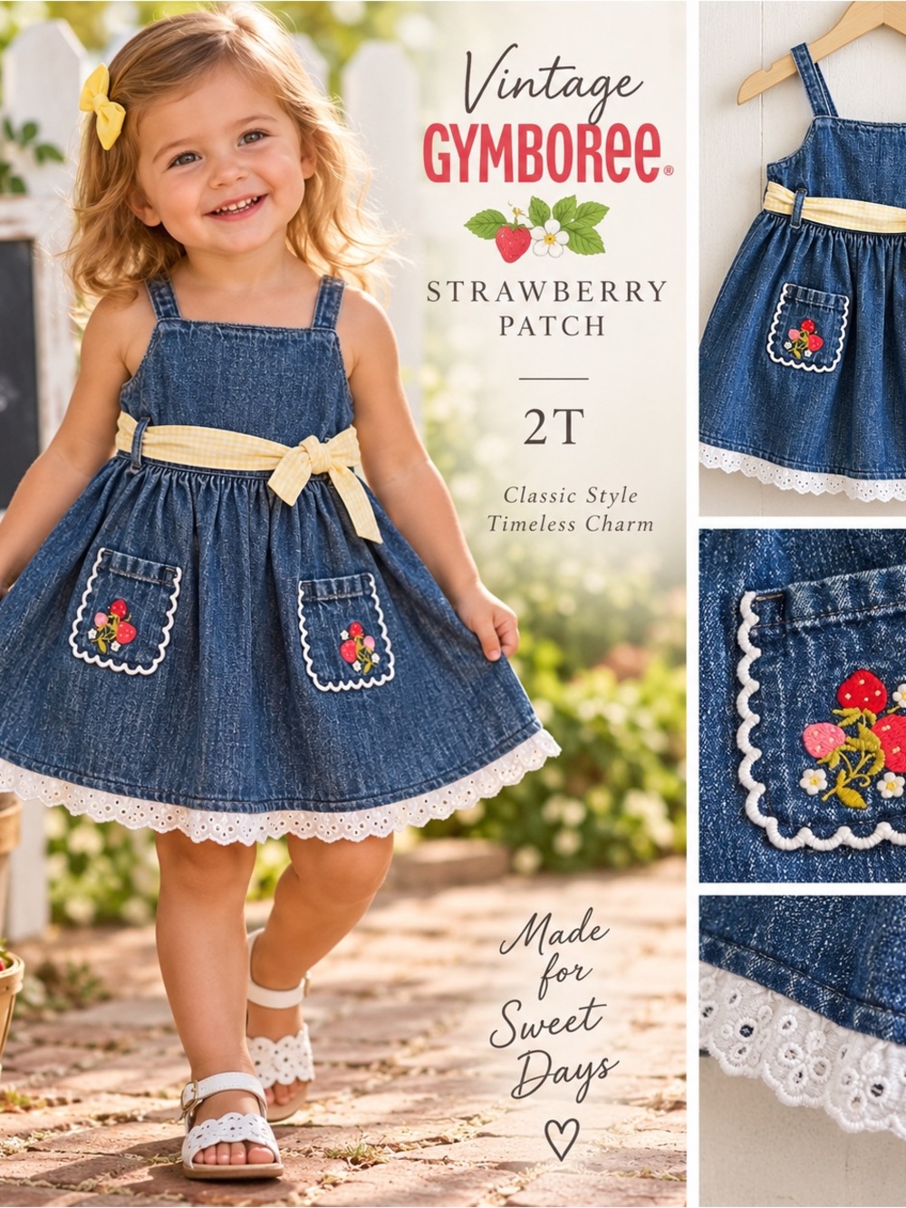 Vintage Gymboree Strawberry Patch Denim Jumper Dress 2T 2004 Embroidered
